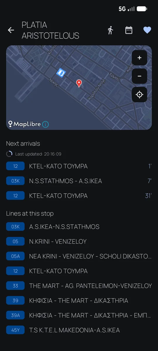 Live arrivals with the incoming bus on the map