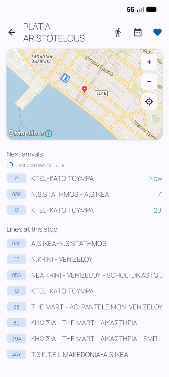 Live arrivals with the incoming bus on the map